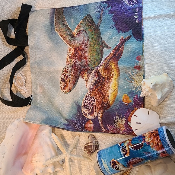 Hand Crafted Handbags - SEA TURTLE tote & stainless steel tumbler set.